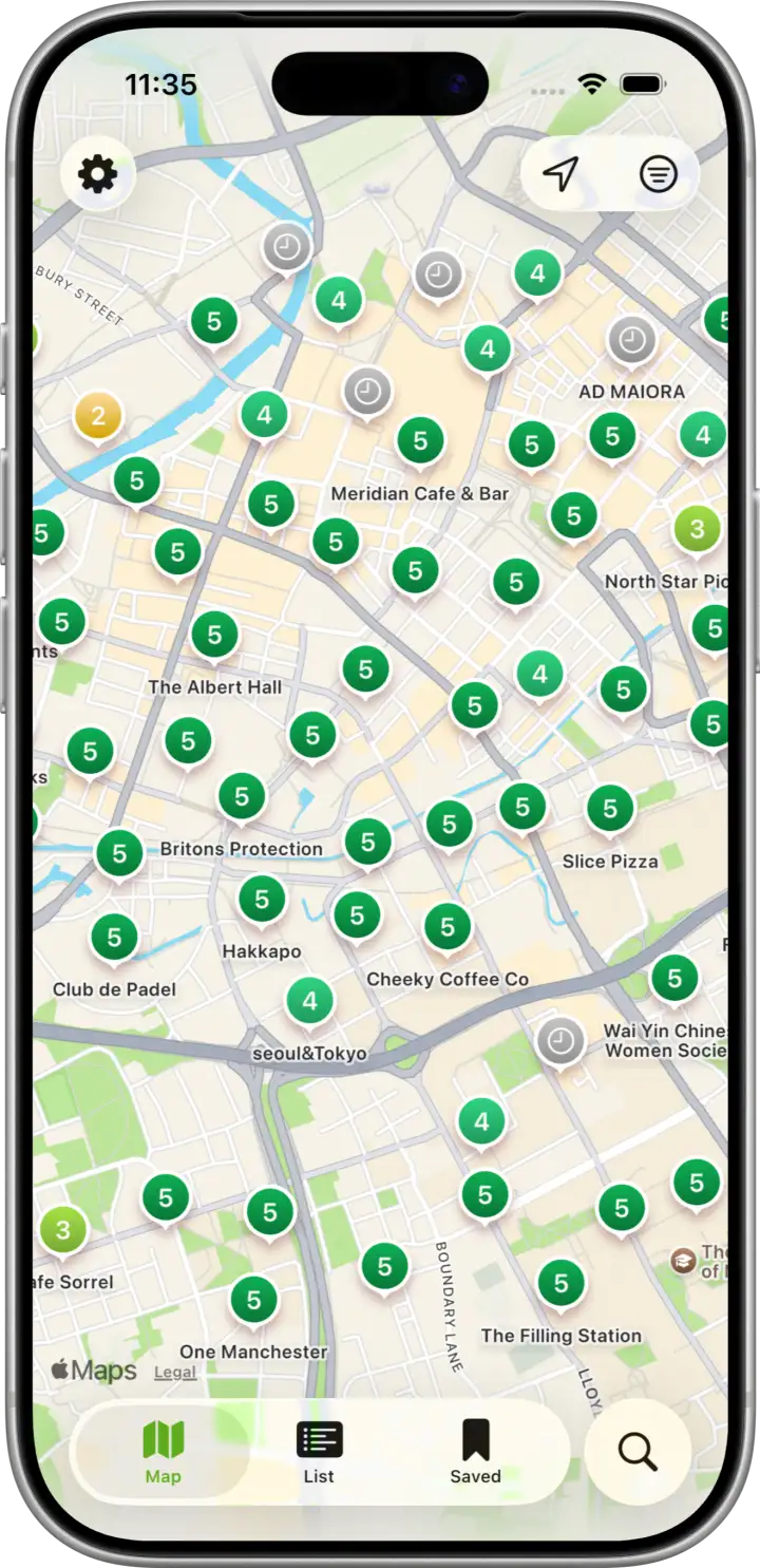 Interactive map showing food hygiene ratings for nearby restaurants and takeaways