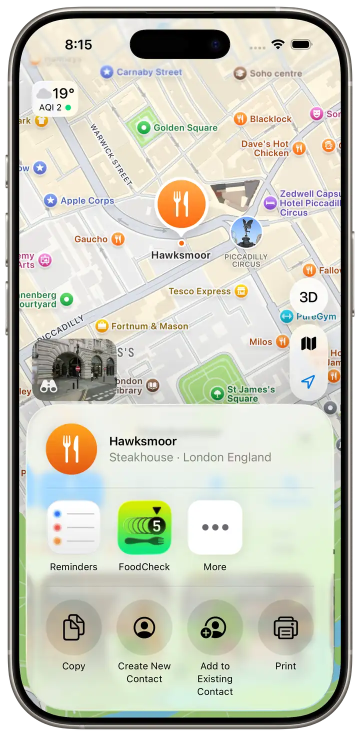 Apple Maps share sheet showing a food hygiene rating from the FoodCheck extension